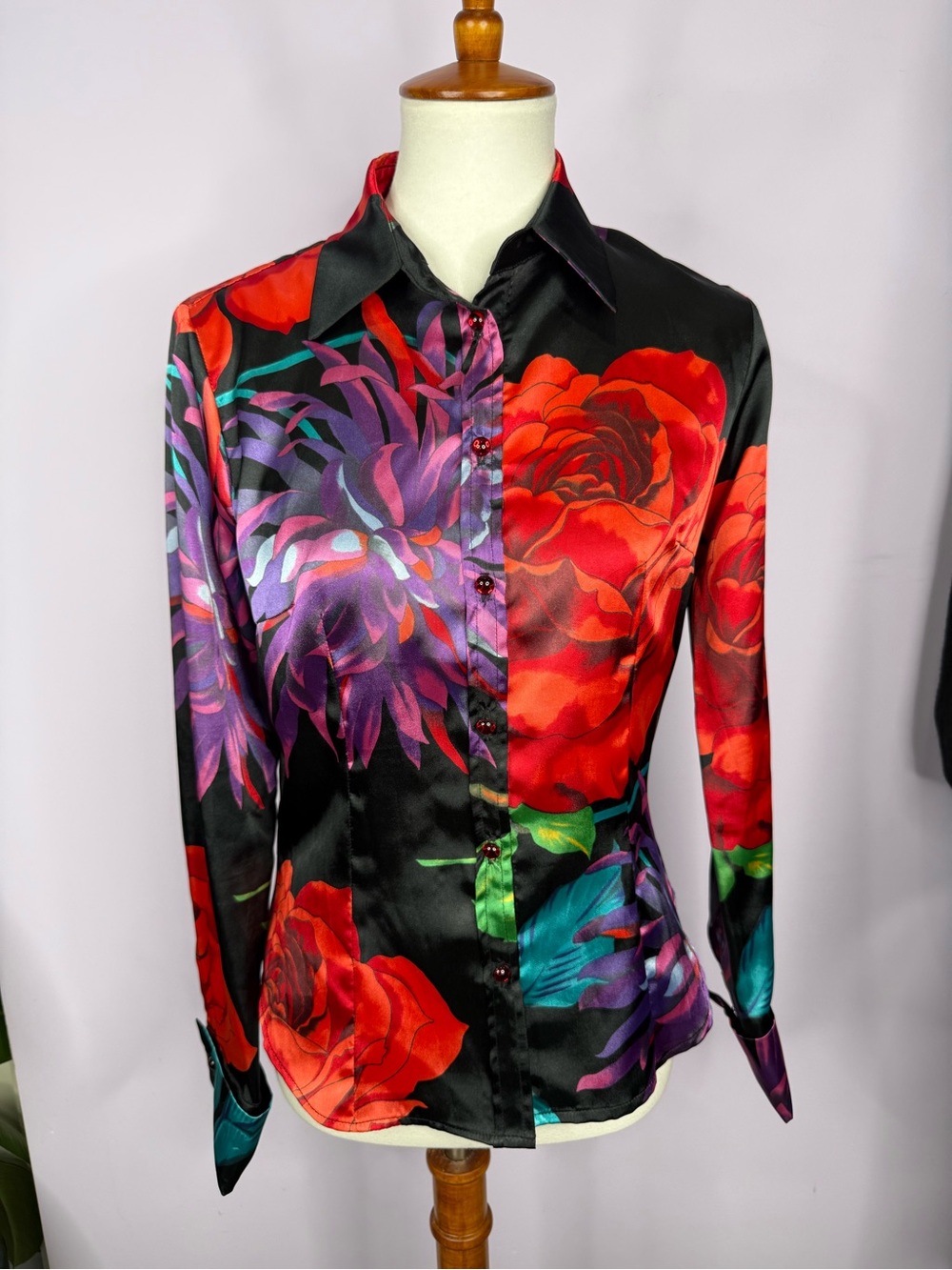 Cache Vintage 90's/Y2K Red & Purple Floral Blouse with Jeweled Buttons